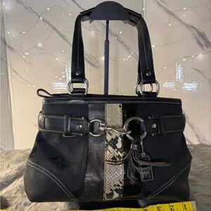 Coach Purse Shoulder Bag - Black leather canvas Python Snakeskin Hampton